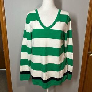Tommy Hilfiger green white‎ striped v-neck sweater size M NEW